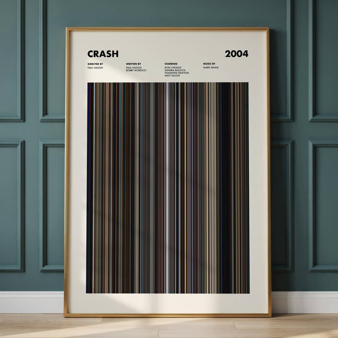 Crash (2004) Movie Barcode Poster framed and leaning against a panelled wall