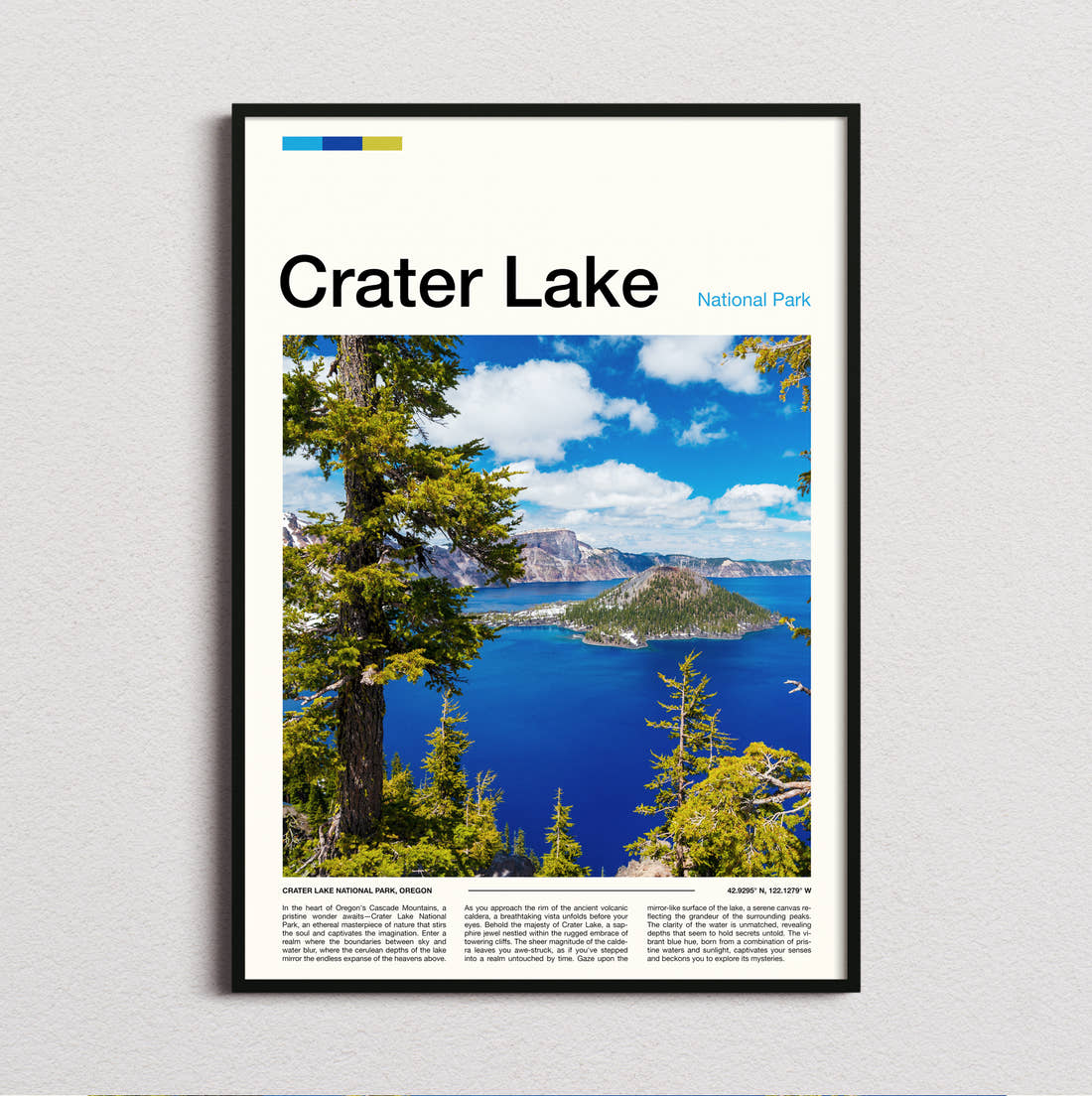 Crater Lake Wizard Island Through The Pines Travel Print framed and photographed straight on