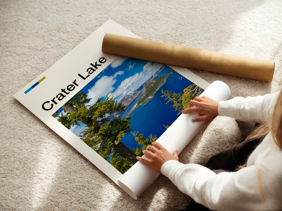 Crater Lake Wizard Island Through The Pines Travel Print being unrolled from its postal tube