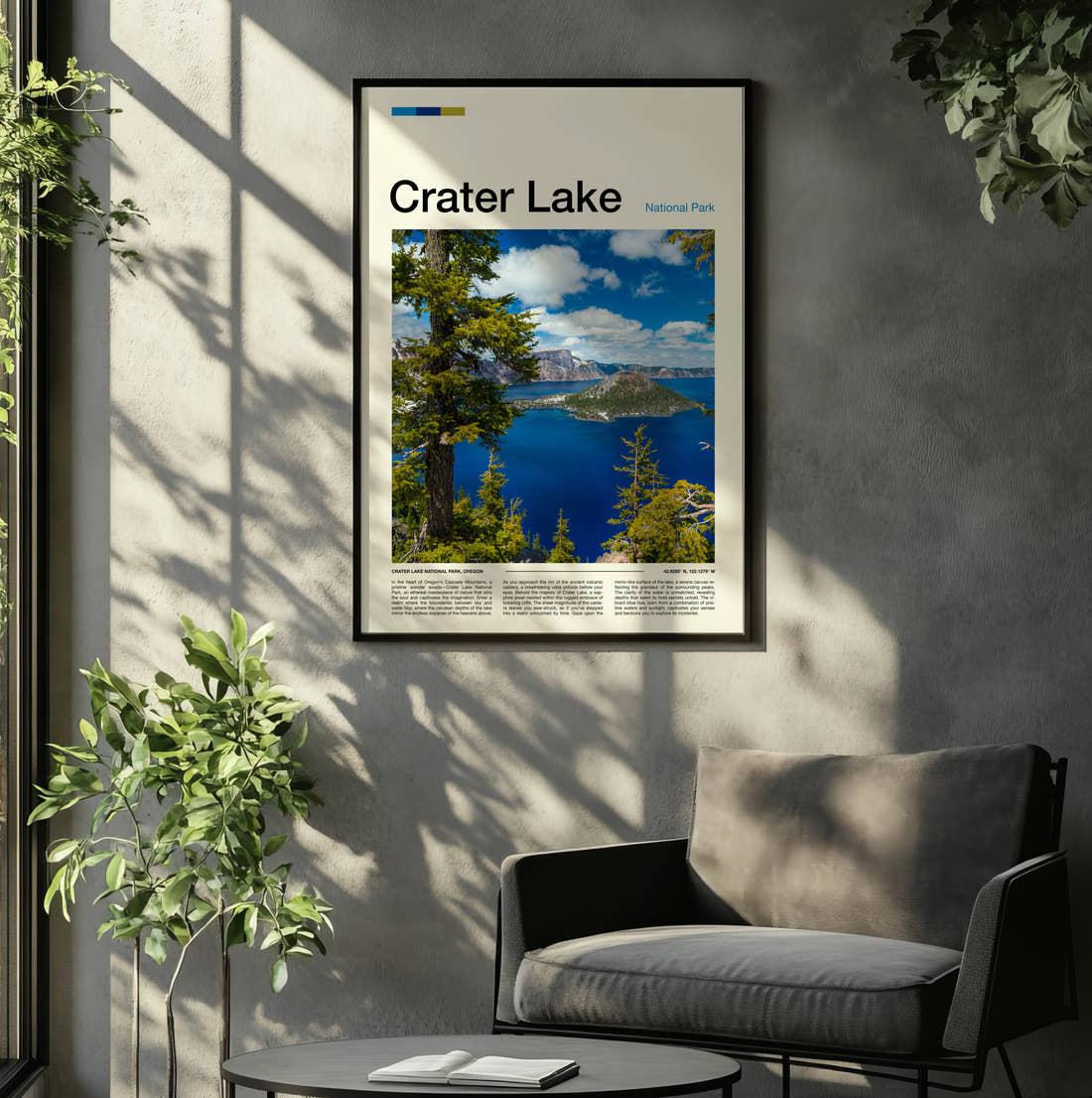 Crater Lake Wizard Island Through The Pines Travel Print framed on the wall of a relaxed living room
