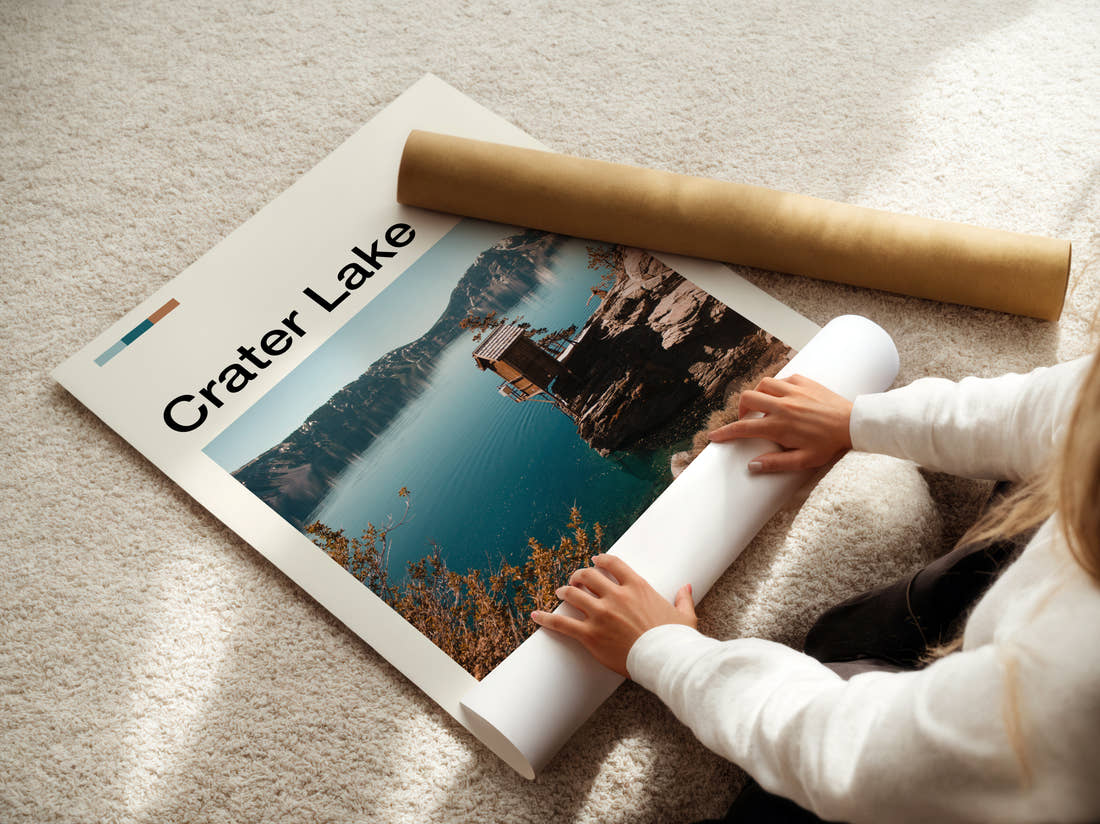 Crater Lake Wooden Hut On The Cliff Travel Print being unrolled from its postal tube
