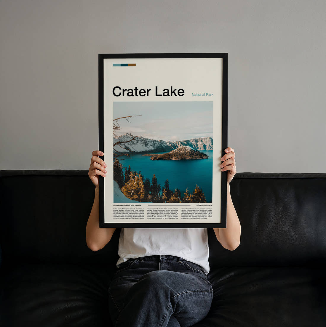 Crater Lake Wizard Island In Winter Travel Print held up by hand to show the size of the print