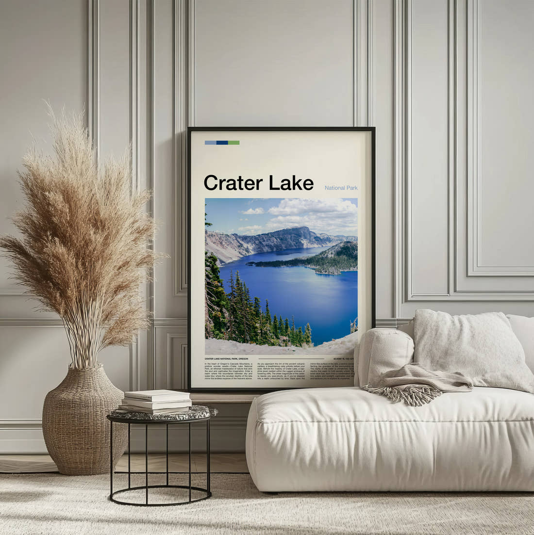Crater Lake Wizard Island From The Rim Travel Print framed on the wall of a calm, neutral bedroom