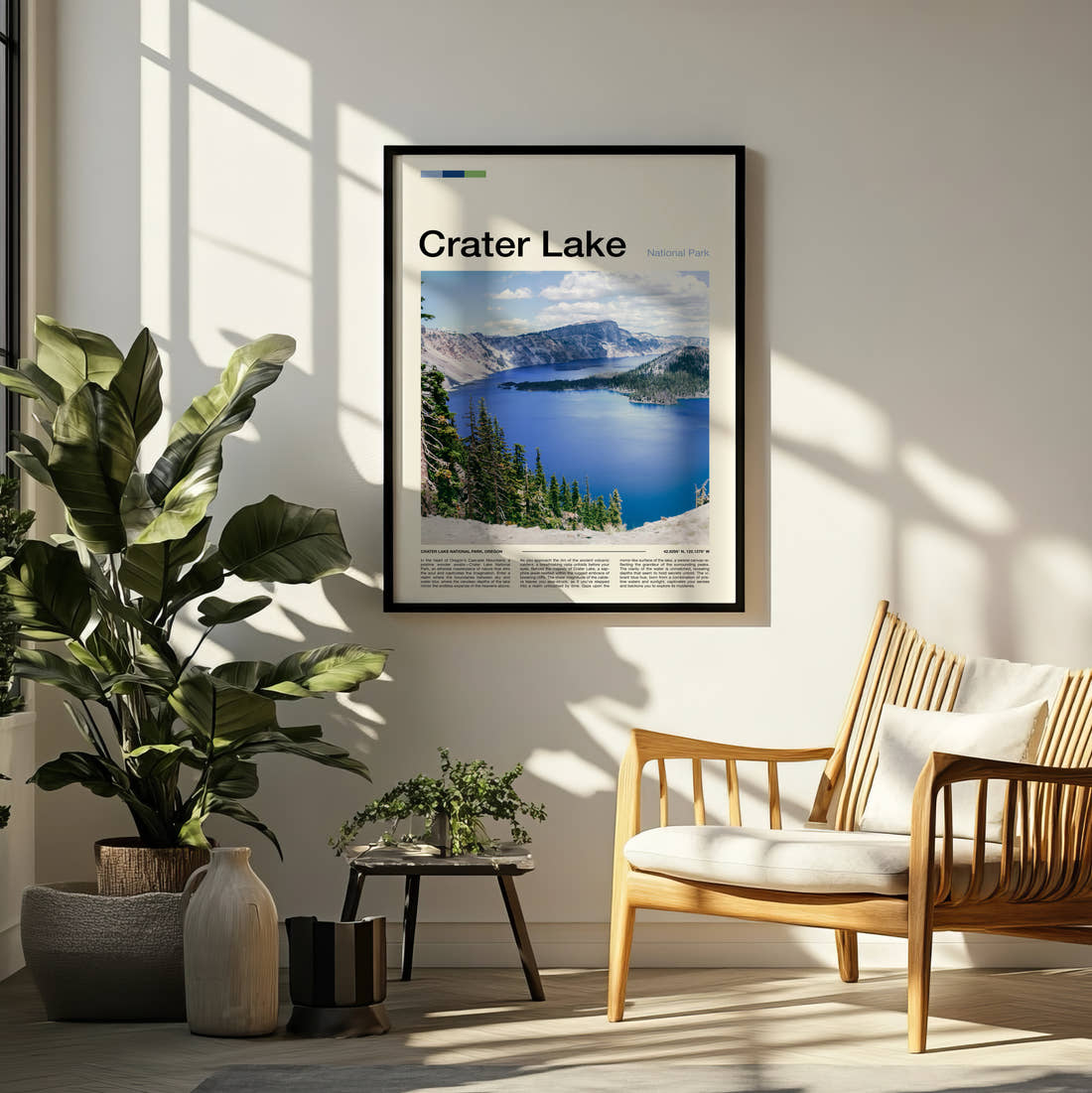 Crater Lake Wizard Island From The Rim Travel Print framed on a pale wall beside houseplants