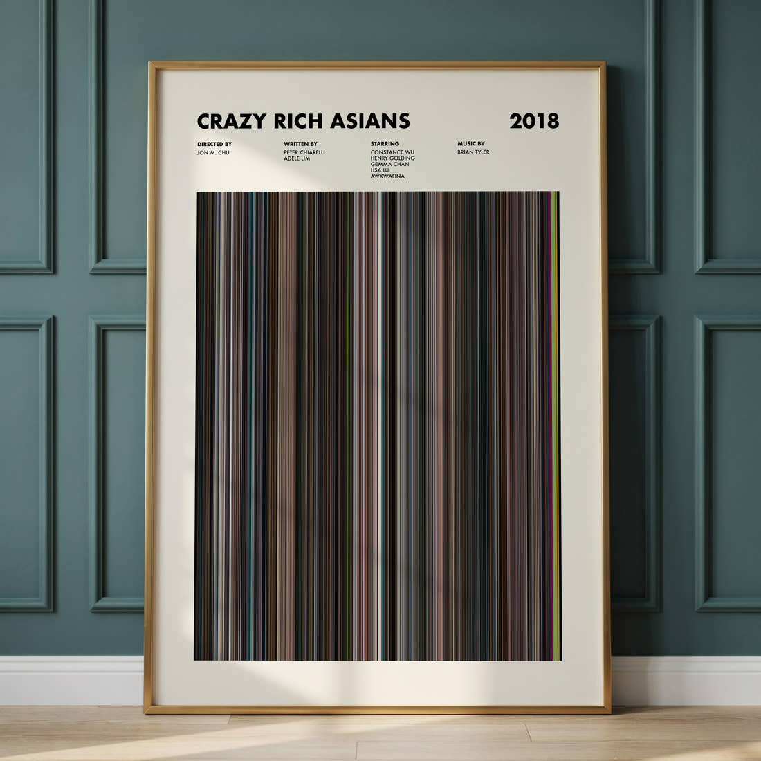 Crazy Rich Asians Movie Barcode Poster framed and leaning against a panelled wall