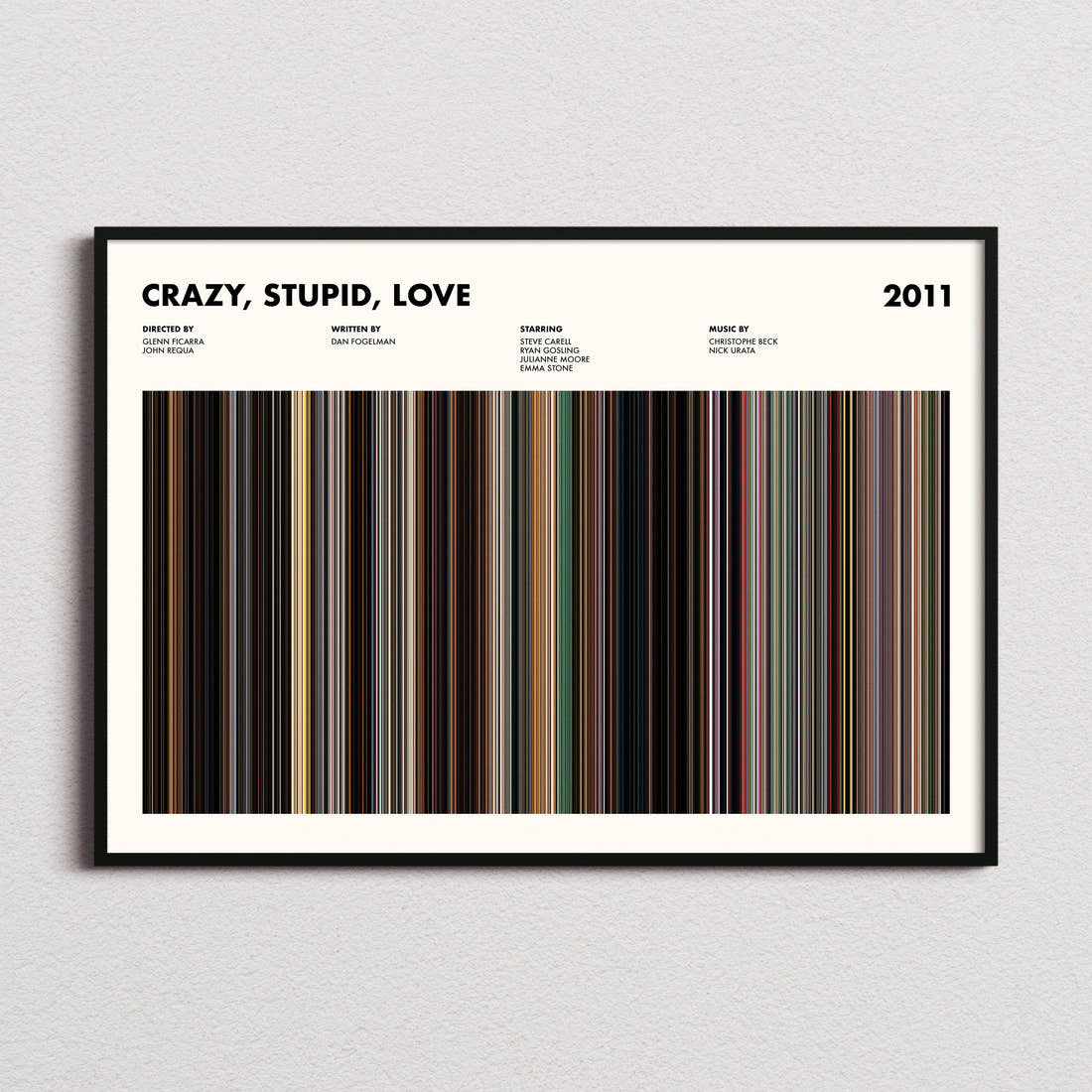 Crazy, Stupid, Love Movie Barcode Poster framed and photographed straight on