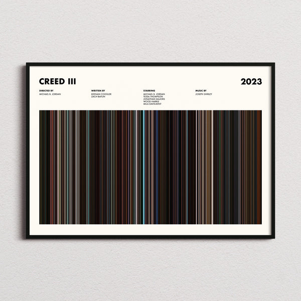 Creed 3 Movie Barcode Poster framed and photographed straight on