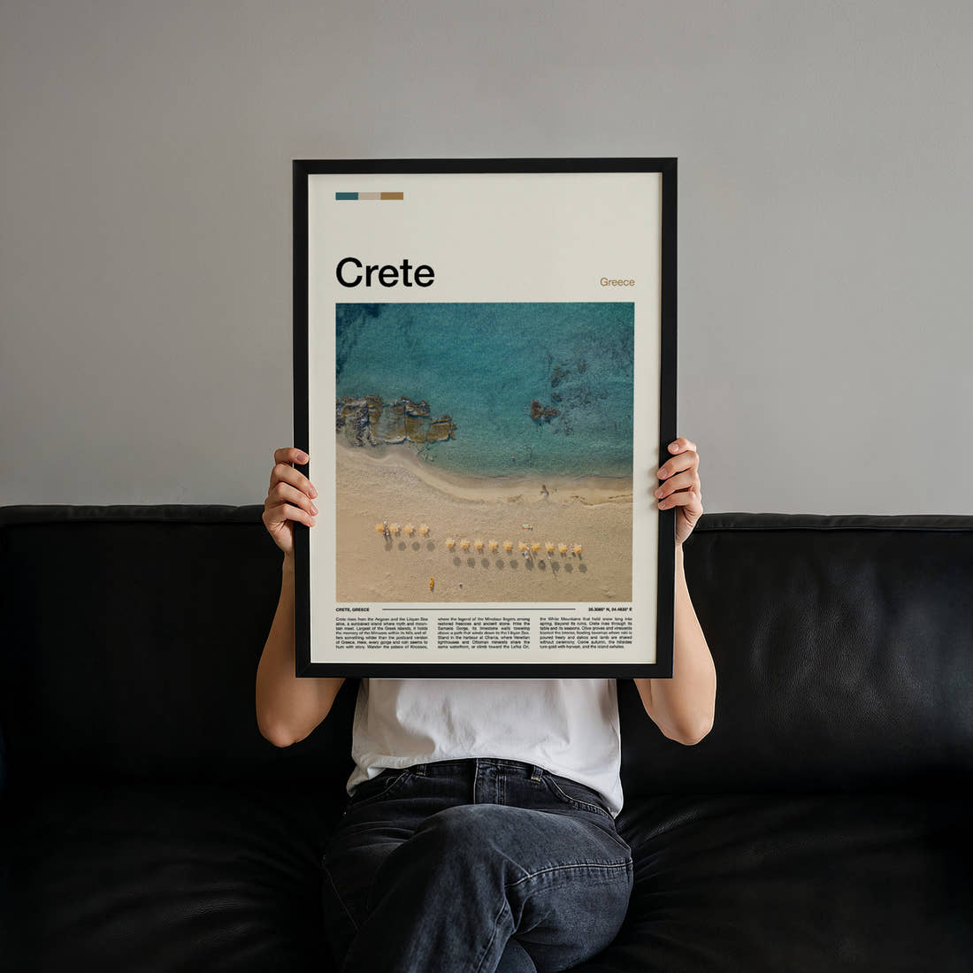 Crete Aerial Beach View Travel Print held up by hand to show the size of the print