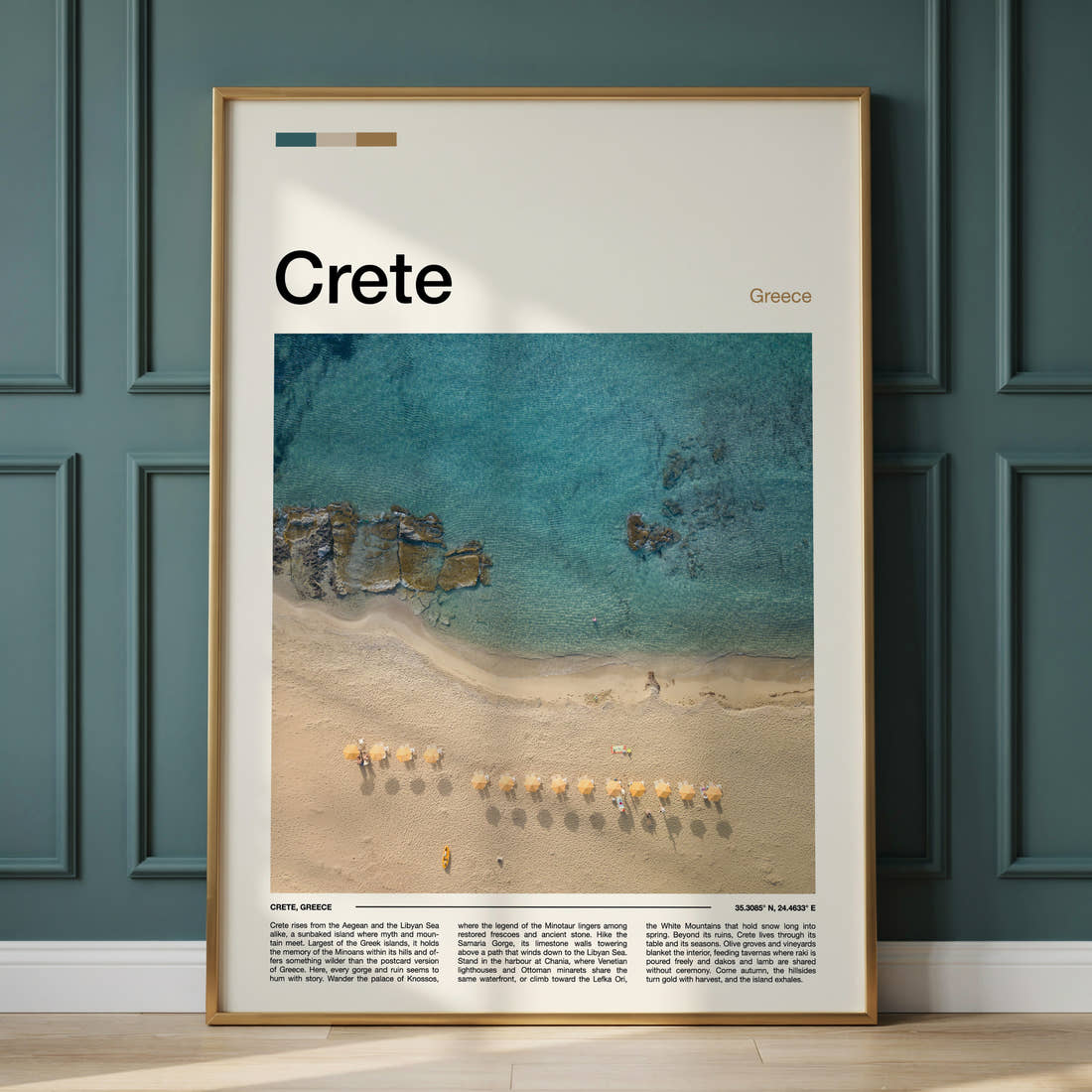 Crete Aerial Beach View Travel Print framed on the wall of a calm, neutral bedroom