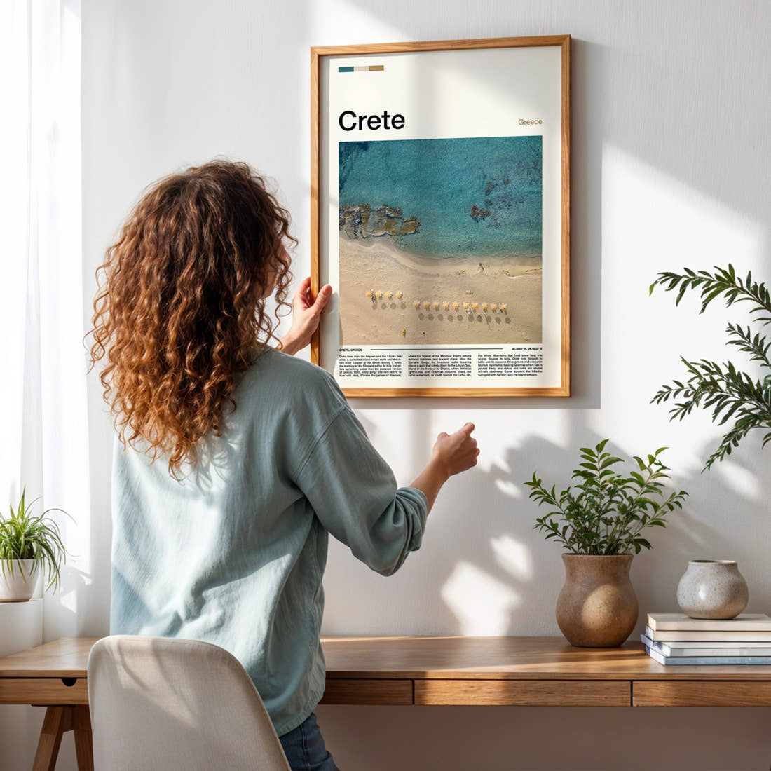 Crete Aerial Beach View Travel Print framed on a pale wall beside houseplants