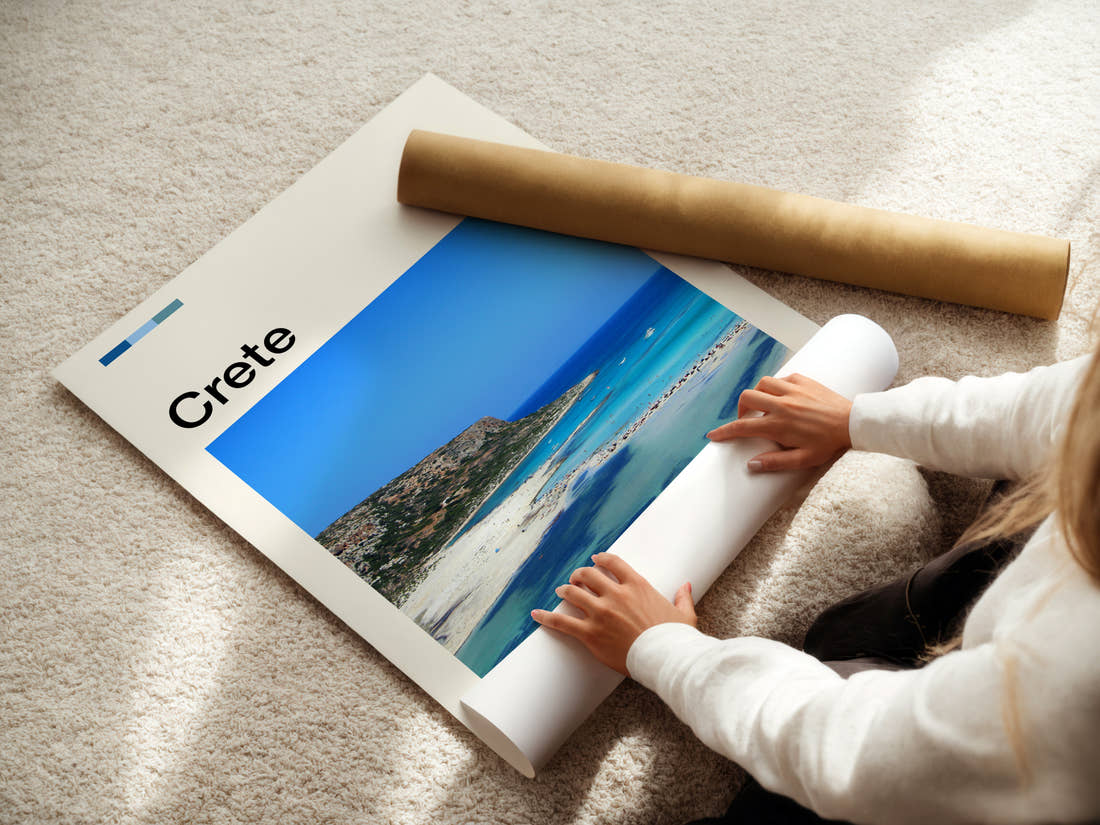 Crete Aerial Lagoon View Travel Print being unrolled from its postal tube
