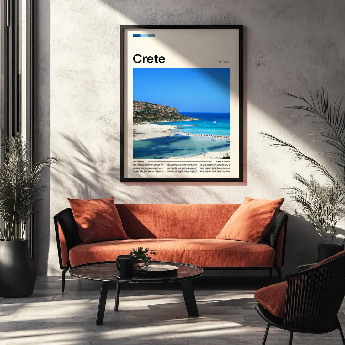 Crete Aerial Lagoon View Travel Print framed on the wall of a modern living room