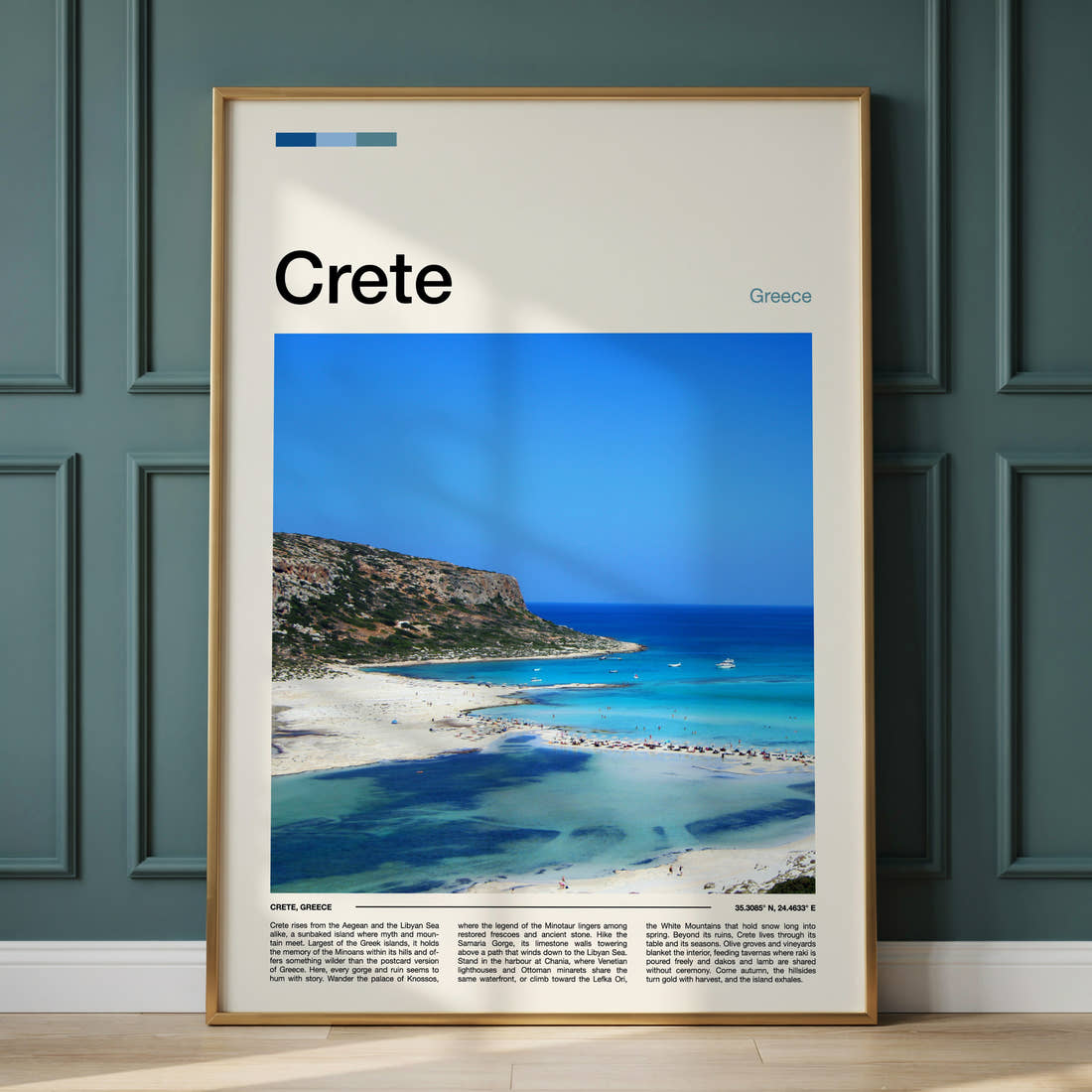 Crete Aerial Lagoon View Travel Print framed on the wall of a calm, neutral bedroom