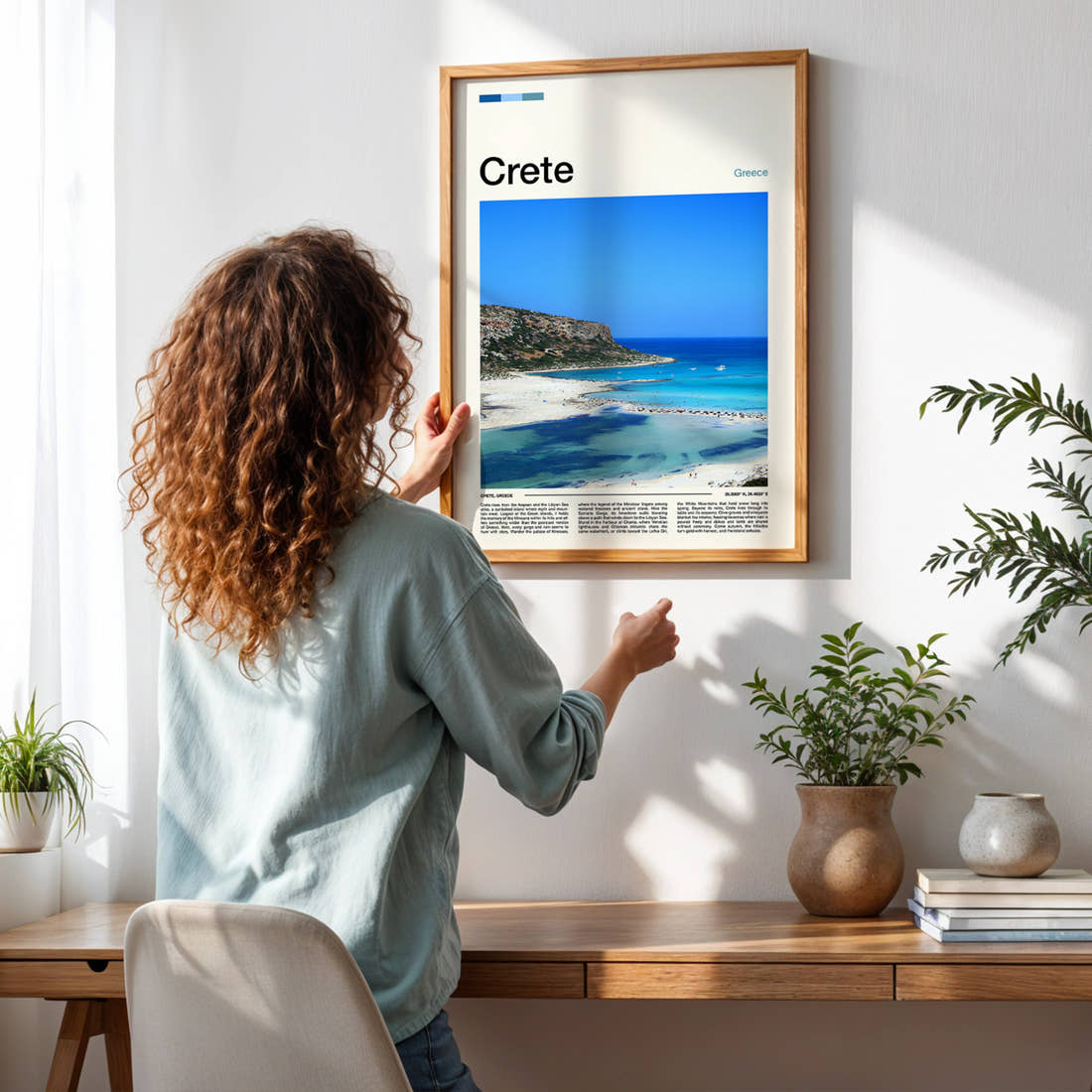 Crete Aerial Lagoon View Travel Print framed on a pale wall beside houseplants
