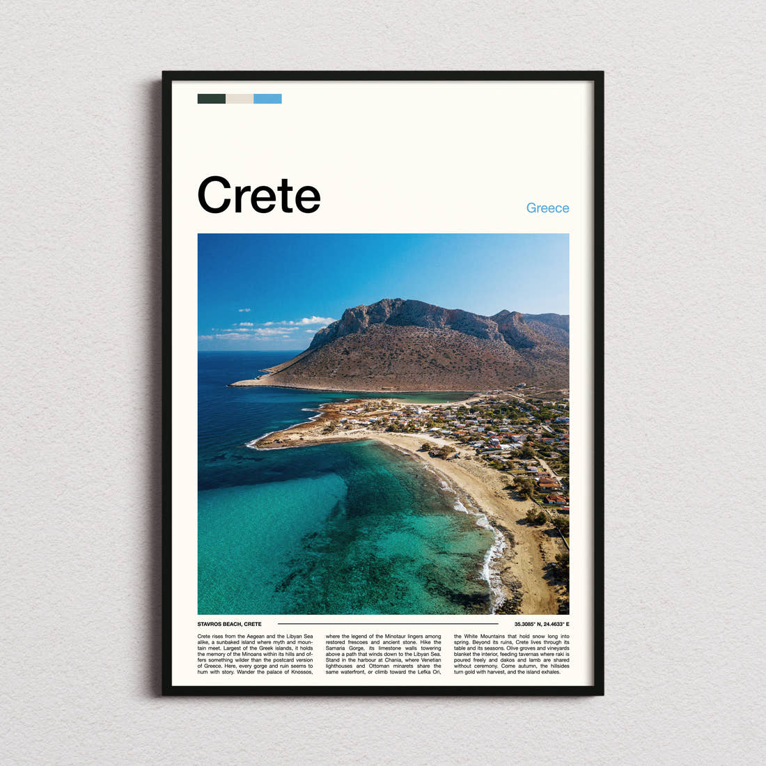 Crete Aerial Coastal Curve Travel Print framed and photographed straight on