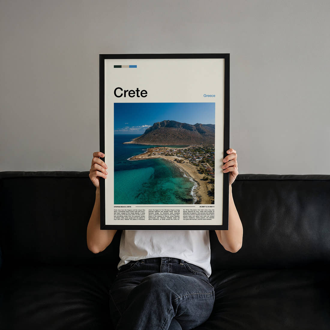Crete Aerial Coastal Curve Travel Print held up by hand to show the size of the print