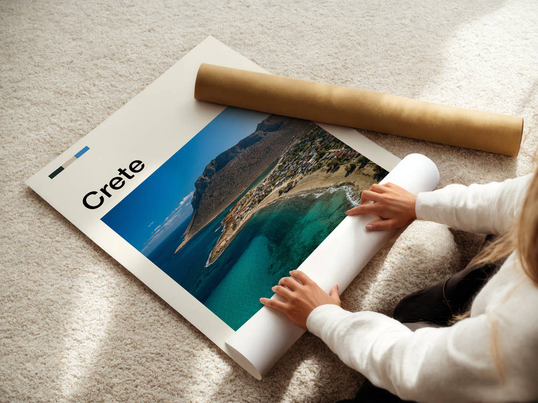 Crete Aerial Coastal Curve Travel Print being unrolled from its postal tube