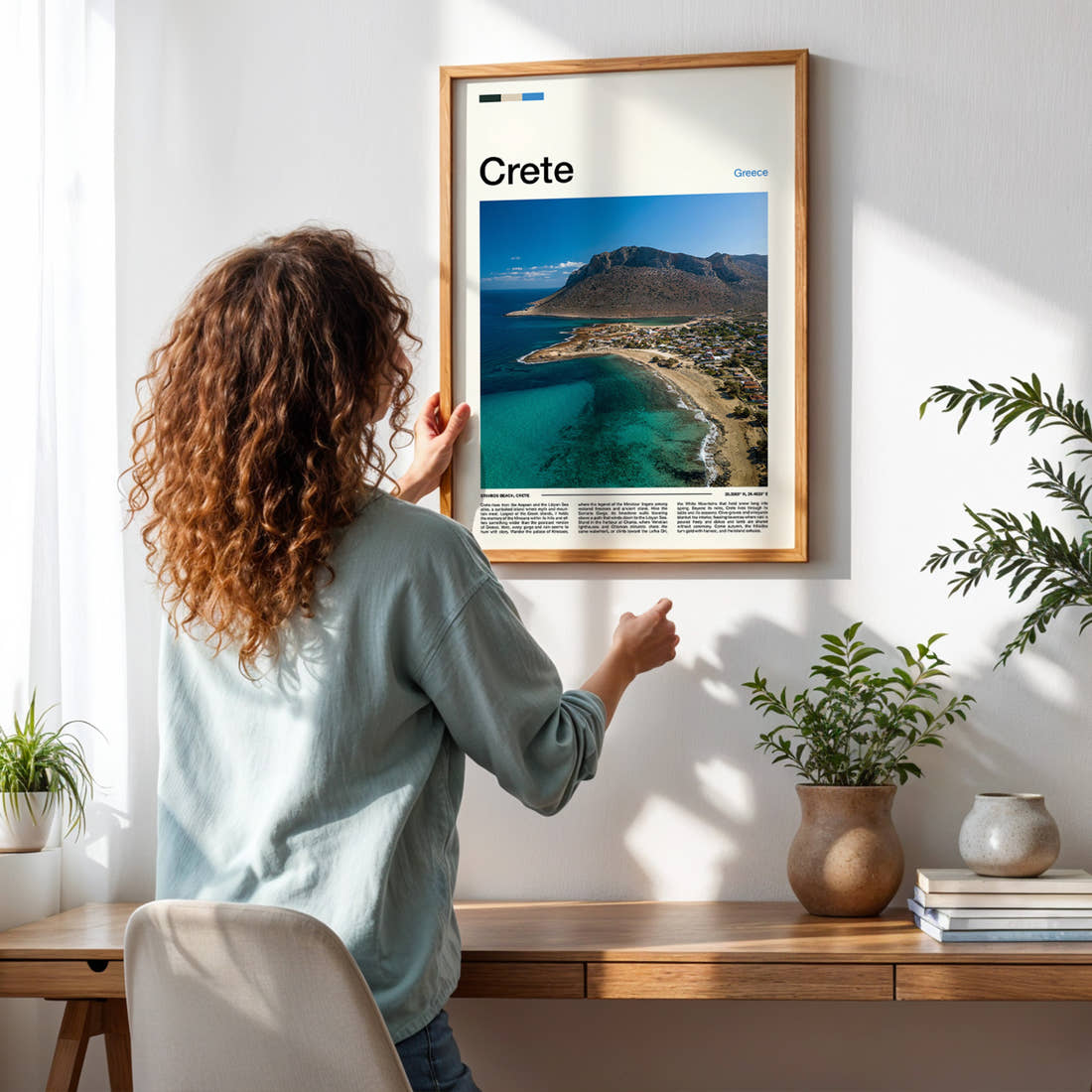 Crete Aerial Coastal Curve Travel Print framed on a pale wall beside houseplants