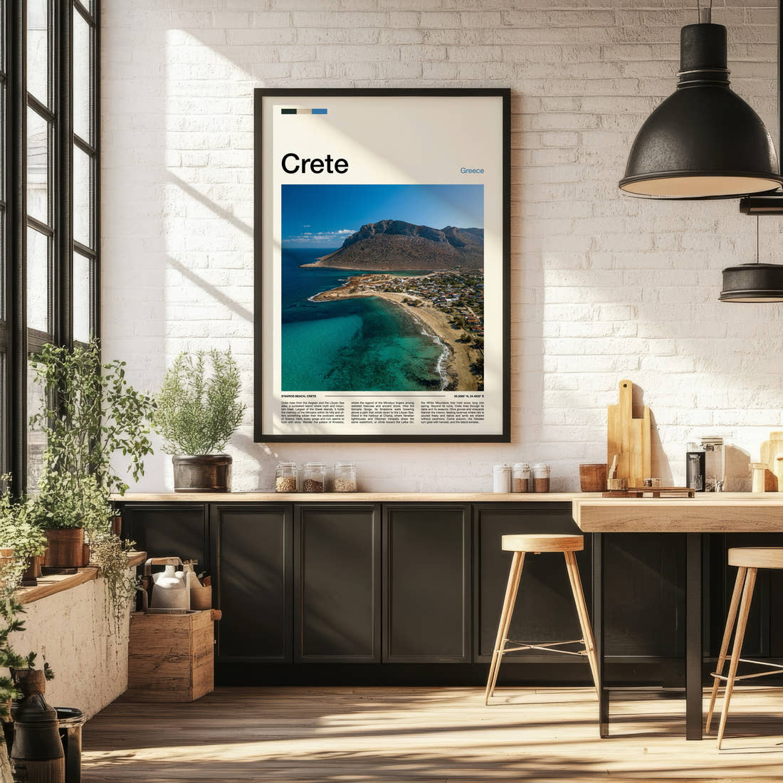 Crete Aerial Coastal Curve Travel Print framed on the wall of a bright kitchen and dining space