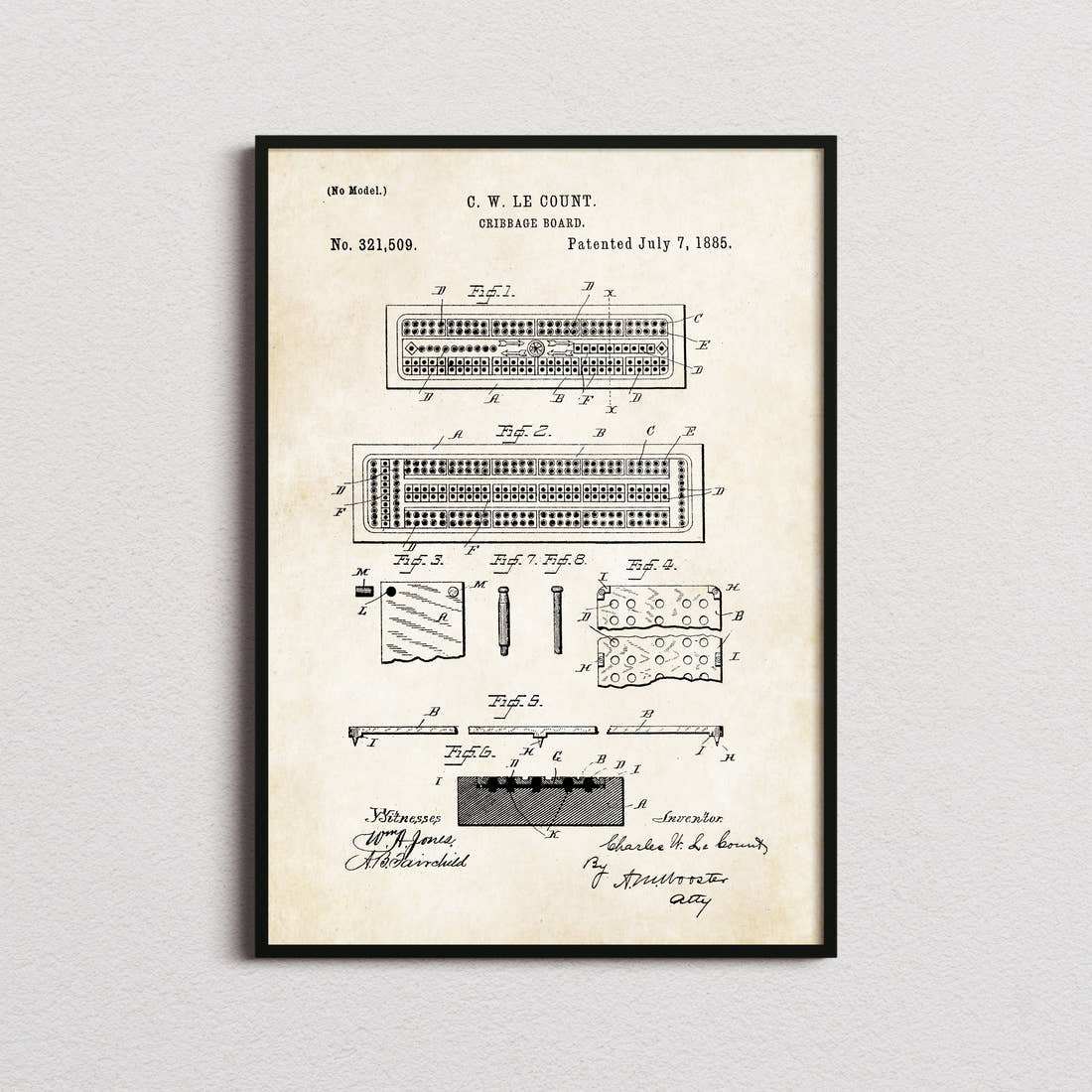 Cribbage Board Patent Print in the aged paper colourway, framed