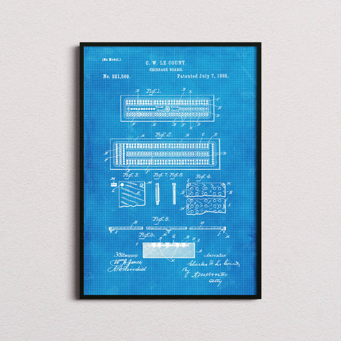 Cribbage Board Patent Print in the blueprint colourway, framed