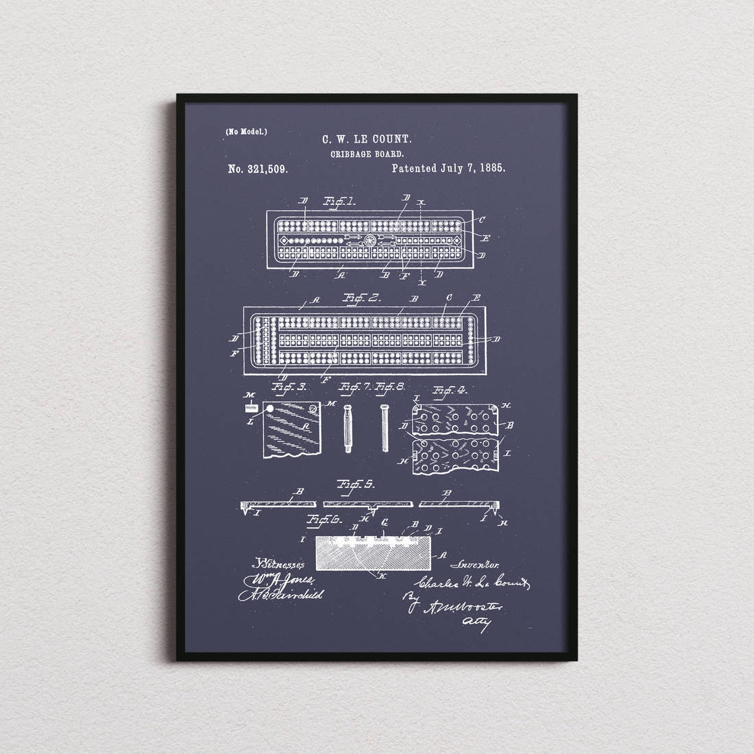 Cribbage Board Patent Print in the navy colourway, framed