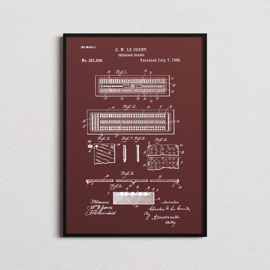 Cribbage Board Patent Print in the burgundy colourway, framed
