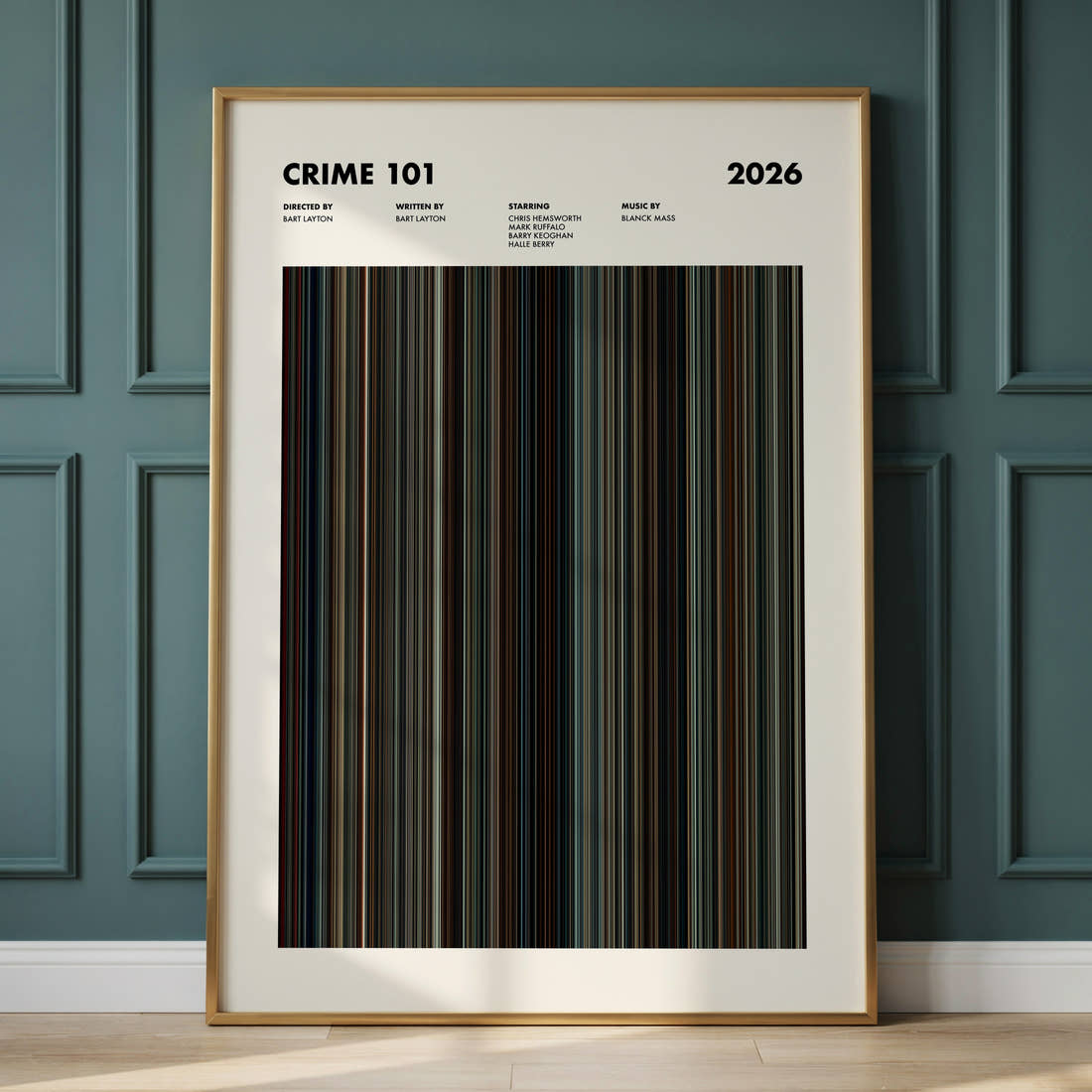 Crime 101 Movie Barcode Poster framed and leaning against a panelled wall