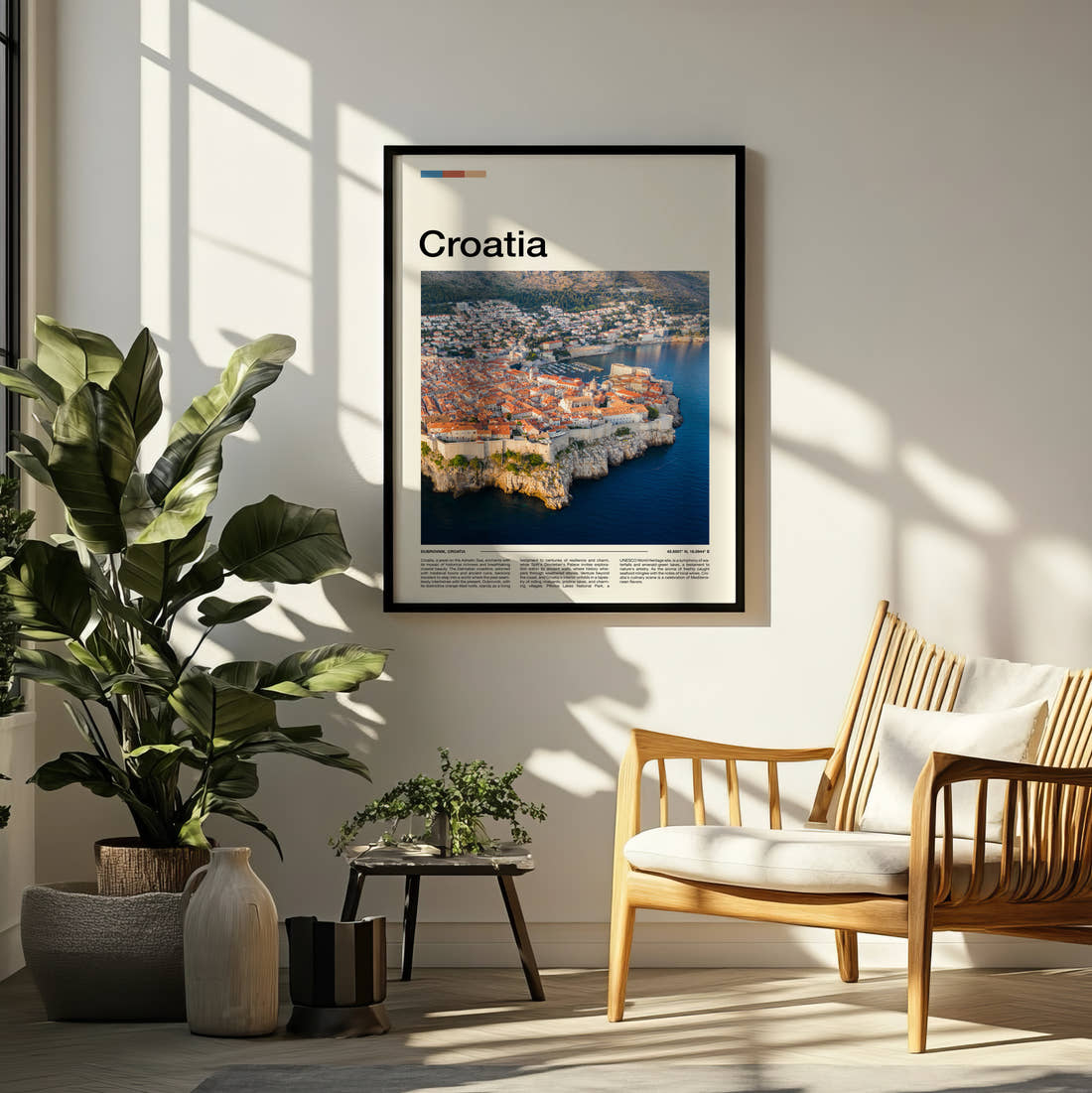 Croatia Old Town Rooftops Travel Print framed on a pale wall beside houseplants