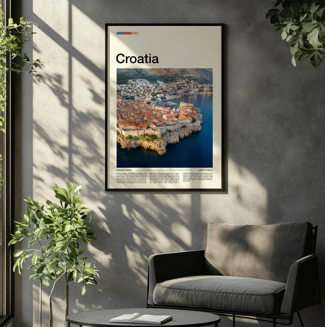 Croatia Old Town Rooftops Travel Print framed on the wall of a relaxed living room