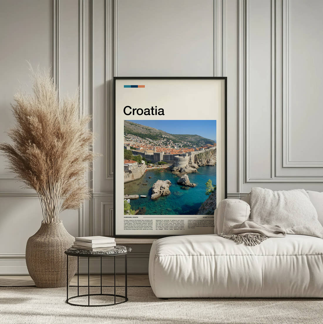 Croatia City Walls Travel Print framed on the wall of a calm, neutral bedroom