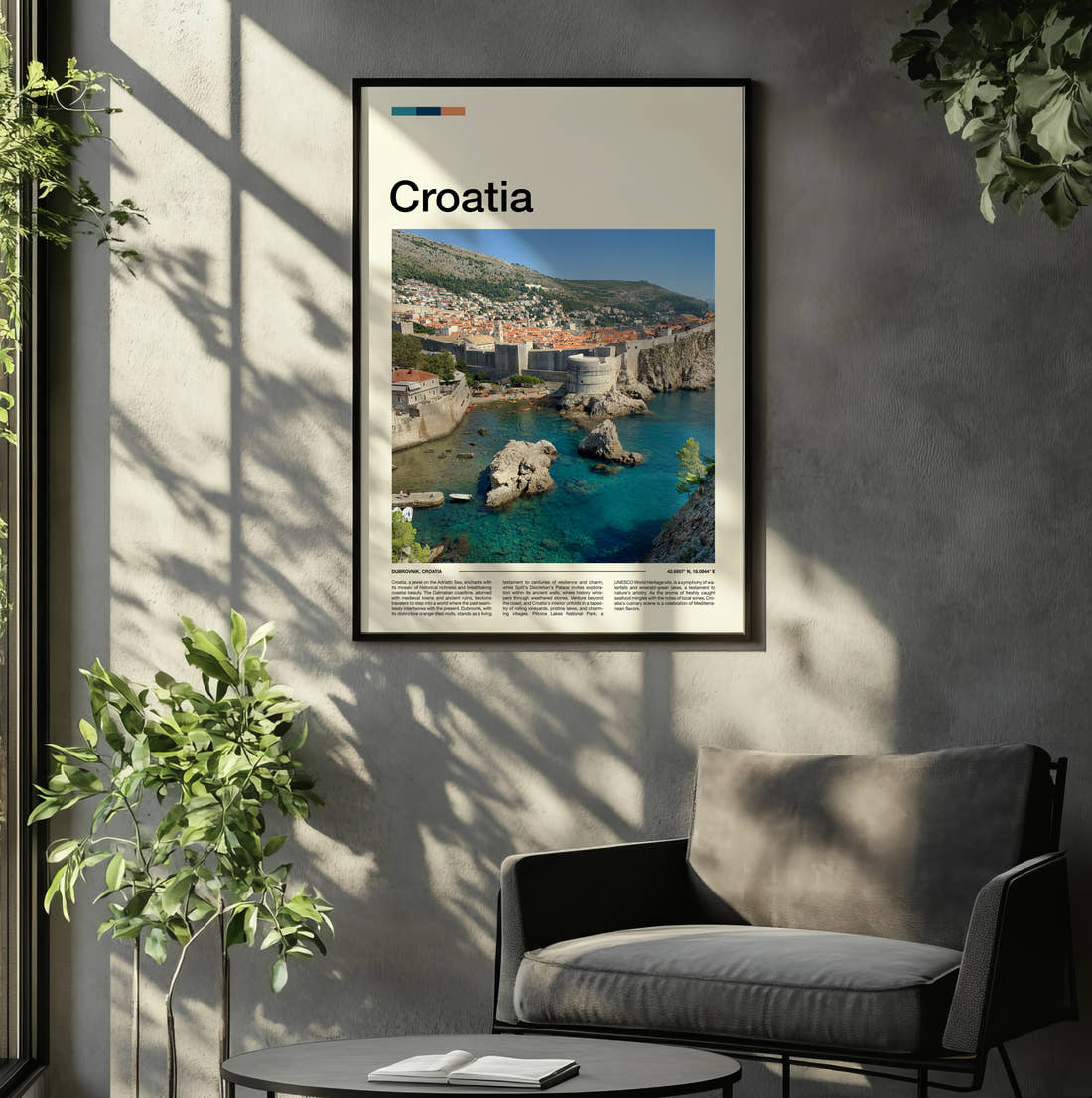 Croatia City Walls Travel Print framed on the wall of a relaxed living room