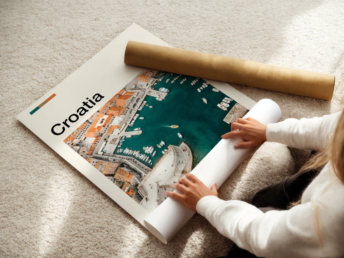 Croatia Harbour From Above Travel Print being unrolled from its postal tube
