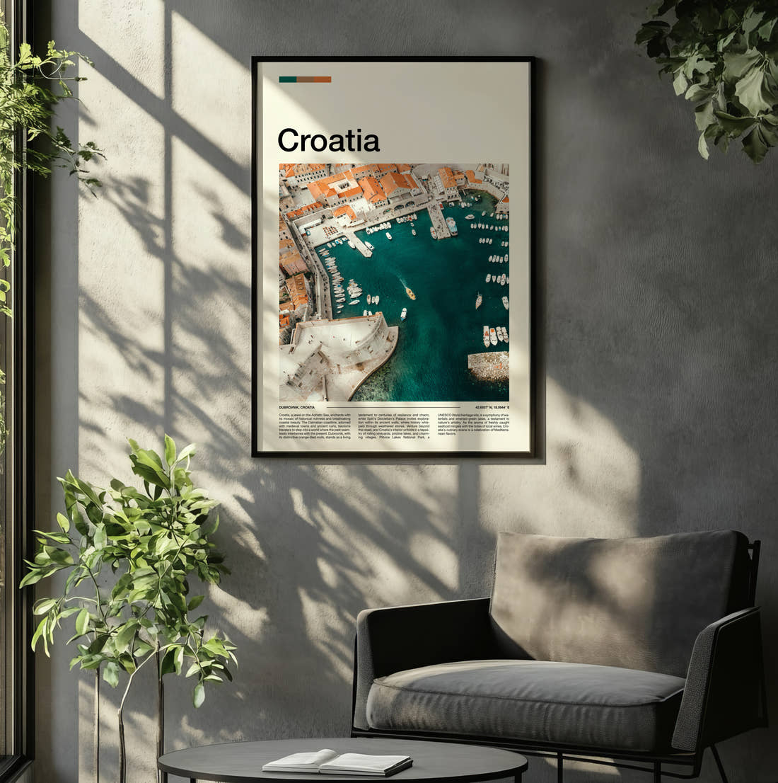 Croatia Harbour From Above Travel Print framed on the wall of a relaxed living room