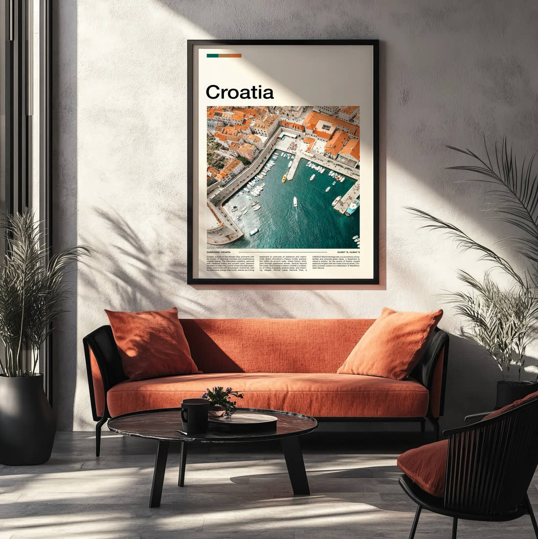Croatia Harbour And Rooftops Travel Print framed on the wall of a modern living room
