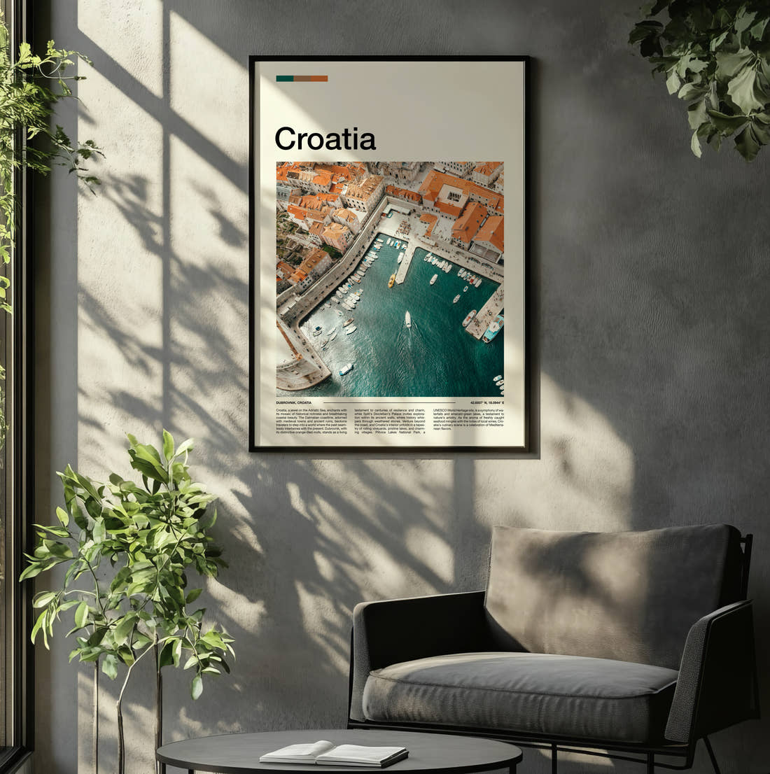 Croatia Harbour And Rooftops Travel Print framed on the wall of a relaxed living room