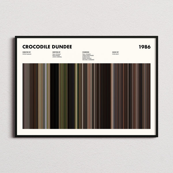 Crocodile Dundee Movie Barcode Poster framed and photographed straight on