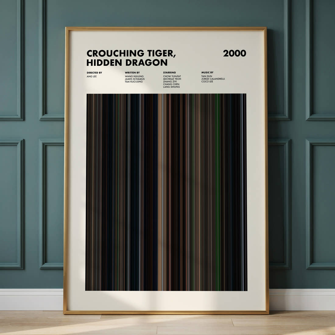 Crouching Tiger, Hidden Dragon Movie Barcode Poster framed and leaning against a panelled wall