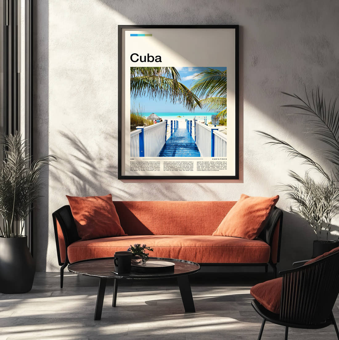 Cuba Wooden Jetty Travel Print framed on the wall of a modern living room
