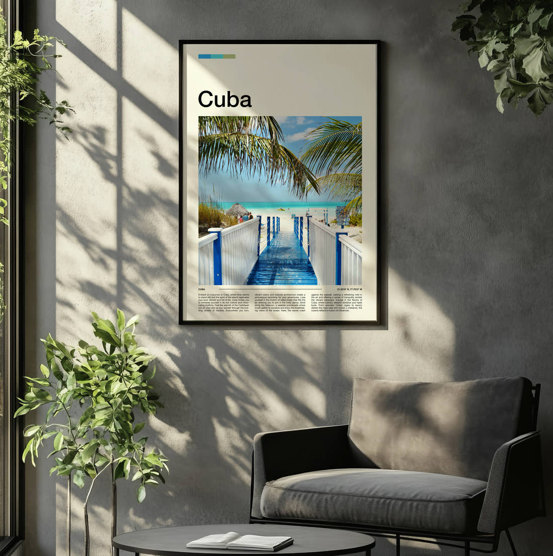 Cuba Wooden Jetty Travel Print framed on the wall of a relaxed living room