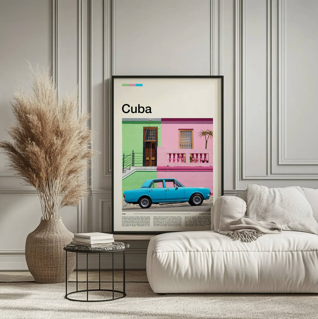 Cuba Blue Vintage Car Travel Print framed on the wall of a calm, neutral bedroom