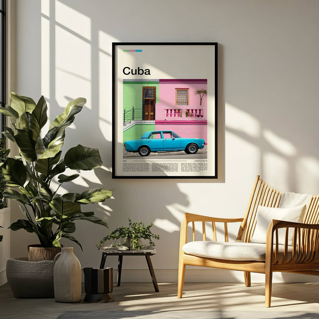 Cuba Blue Vintage Car Travel Print framed on a pale wall beside houseplants