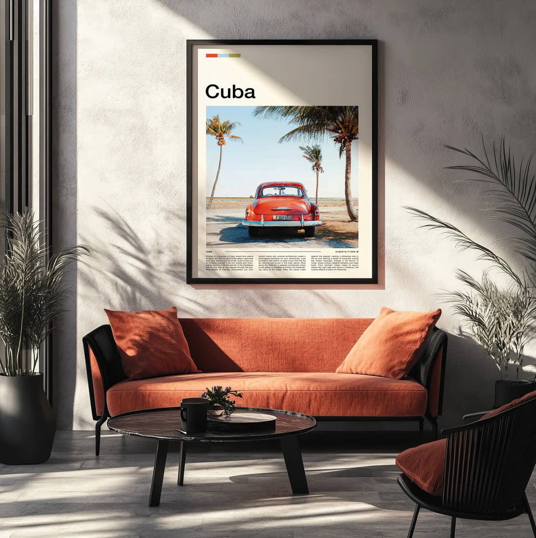 Cuba Red Classic Car Travel Print framed on the wall of a modern living room