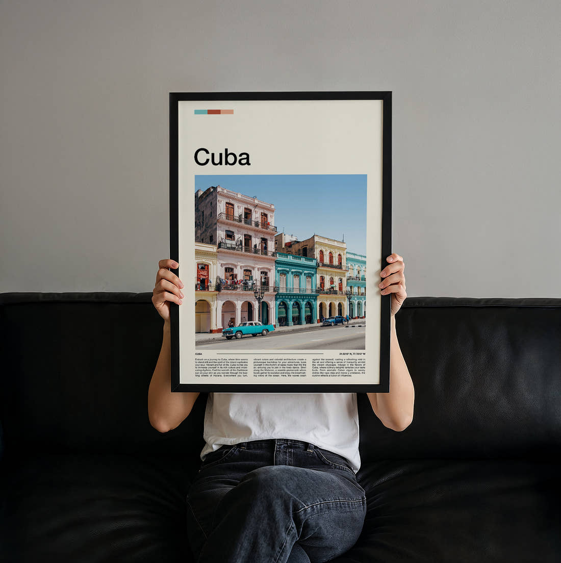 Cuba Colourful Colonial Buildings Travel Print held up by hand to show the size of the print
