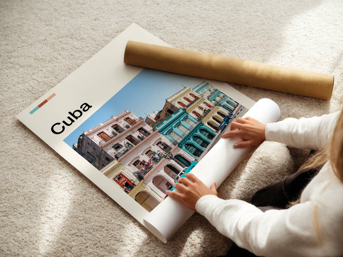 Cuba Colourful Colonial Buildings Travel Print being unrolled from its postal tube