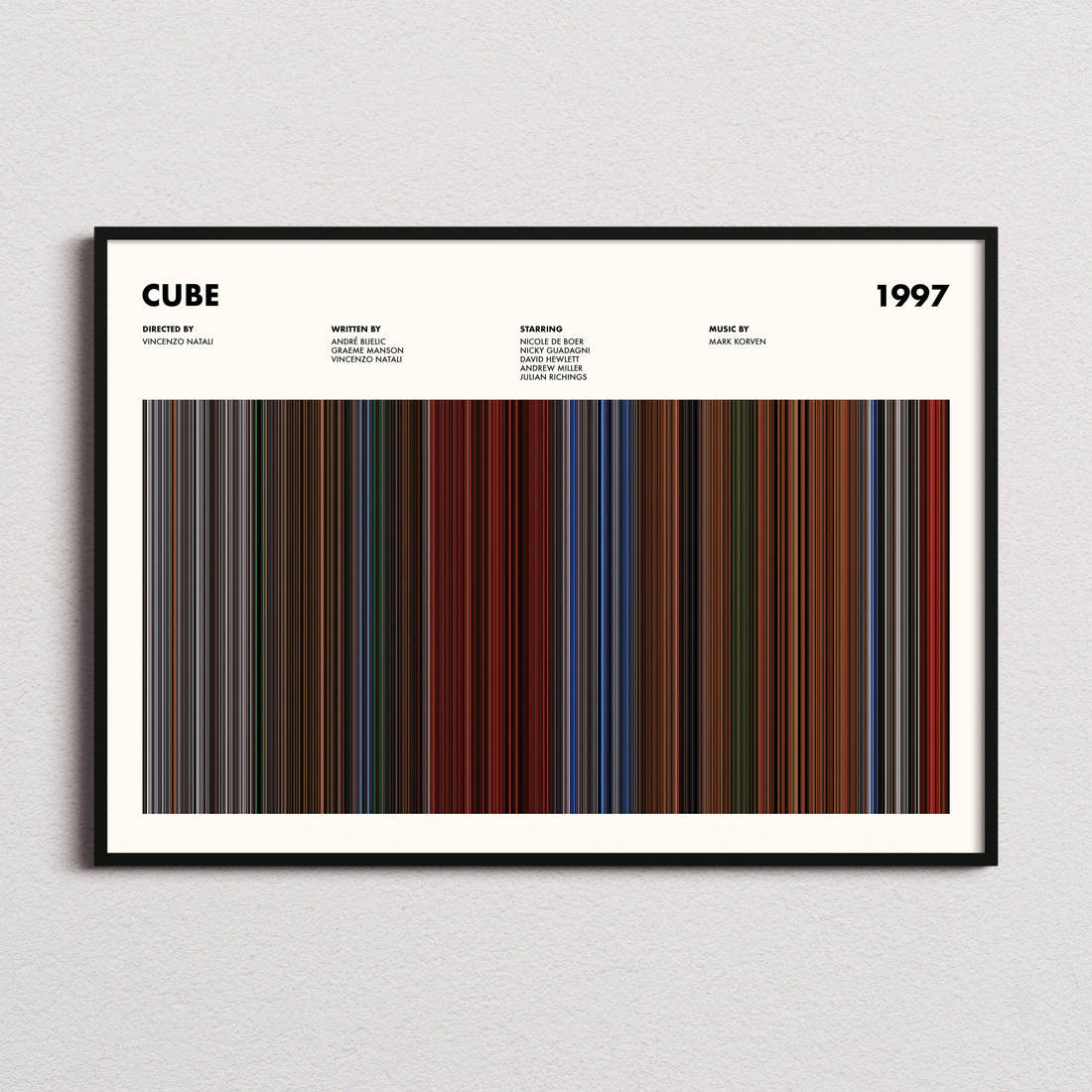 Cube Movie Barcode Poster framed and photographed straight on