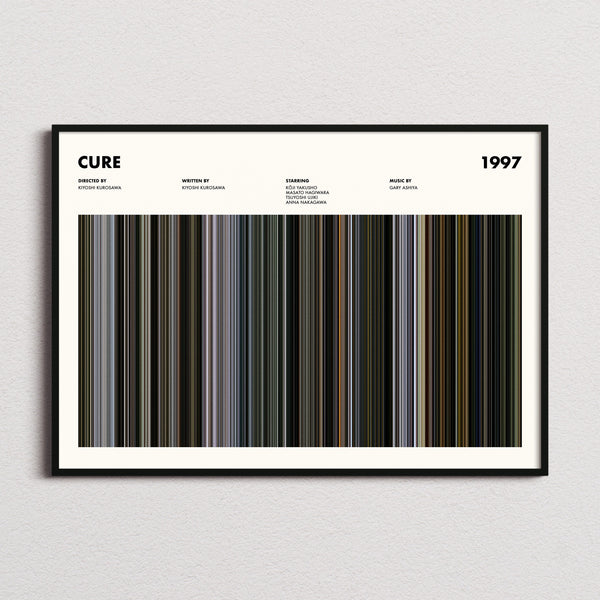 Cure Movie Barcode Poster framed and photographed straight on