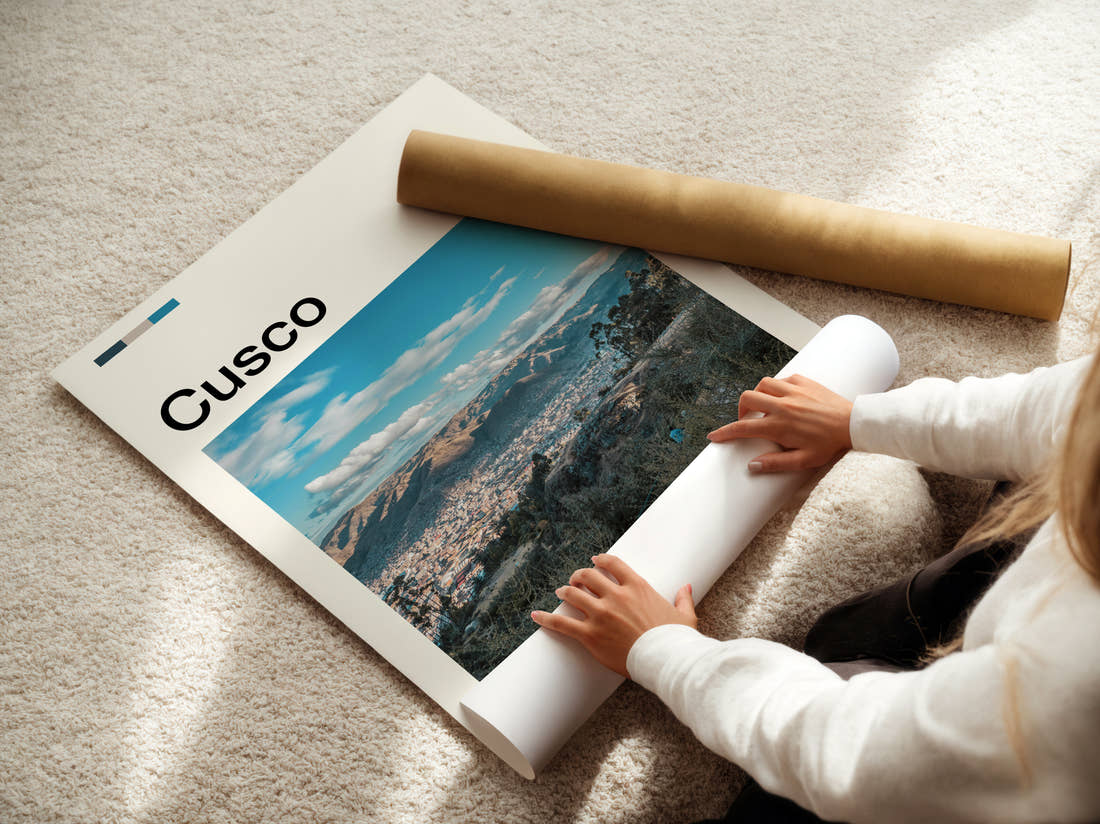 Cusco City Below Snowy Peaks Travel Print being unrolled from its postal tube