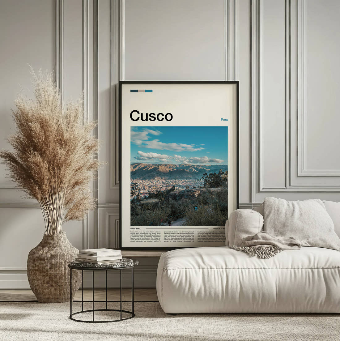 Cusco City Below Snowy Peaks Travel Print framed on the wall of a calm, neutral bedroom