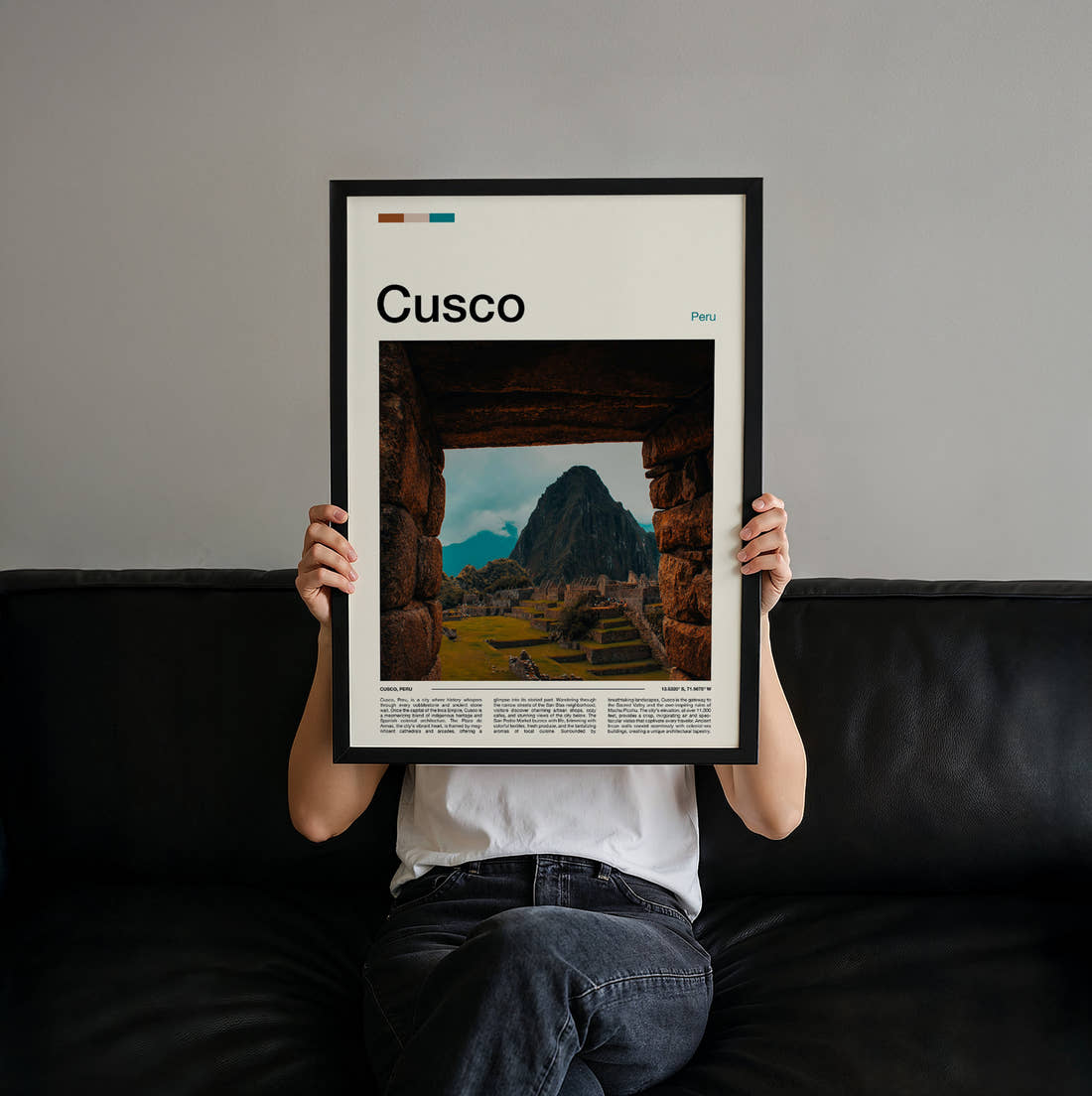 Cusco Machu Picchu Travel Print held up by hand to show the size of the print